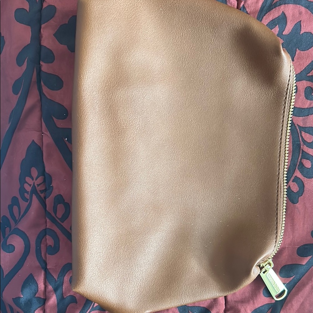 Brown Cosmetic Bag with Leather Finish and Zipper